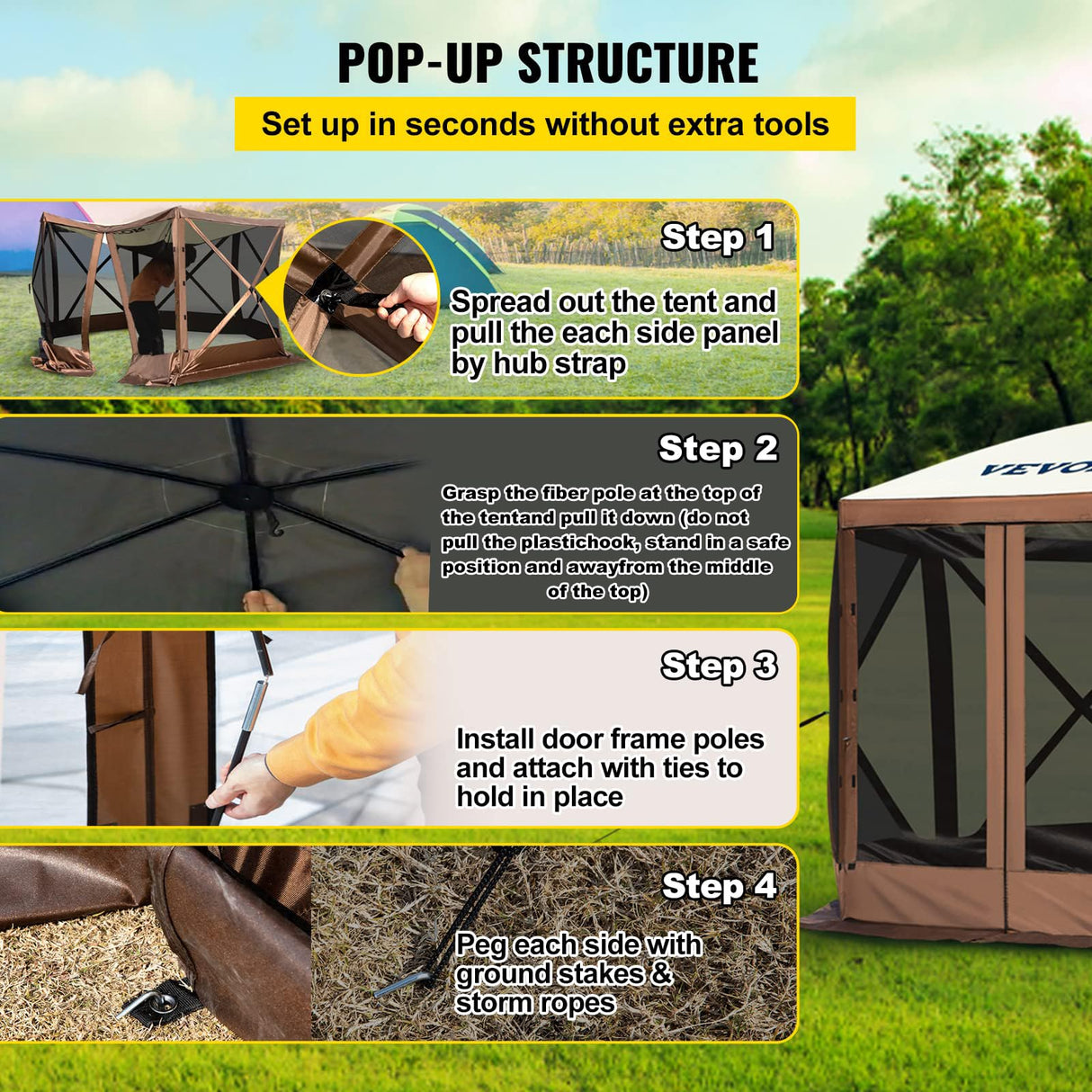 VEVOR Gazebo Screen Tent, 10 x 10 ft, 6 Sided Pop-up Camping Canopy Shelter Tent with Mesh Windows, Portable Carry Bag, Ground Stakes, Large Shade Tents for Outdoor Camping, Lawn and Backyard VEVOR