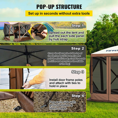 VEVOR Gazebo Screen Tent, 10 x 10 ft, 6 Sided Pop-up Camping Canopy Shelter Tent with Mesh Windows, Portable Carry Bag, Ground Stakes, Large Shade Tents for Outdoor Camping, Lawn and Backyard