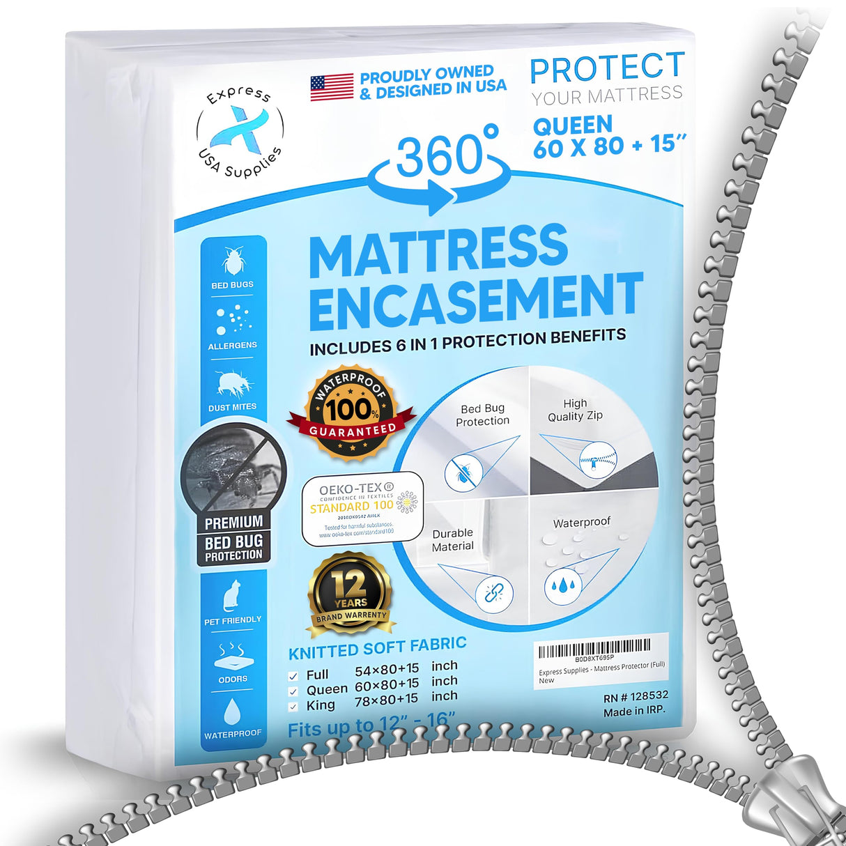 Mattress Encasement Queen (12-16) Inches Deep | Heavy Duty Hotel Grade 100% Waterproof, Breathable, Noiseless, Hypoallergenic 6-Sided 360° Premium Zippered Six-Sided Cover (Machine Washable) Express USA Supplies