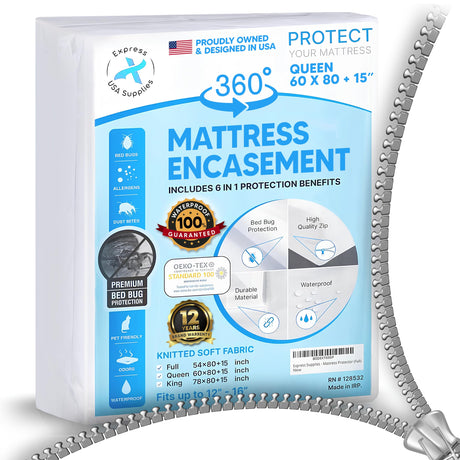 Mattress Encasement Queen (12-16) Inches Deep | Heavy Duty Hotel Grade 100% Waterproof, Breathable, Noiseless, Hypoallergenic 6-Sided 360° Premium Zippered Six-Sided Cover (Machine Washable) Express USA Supplies