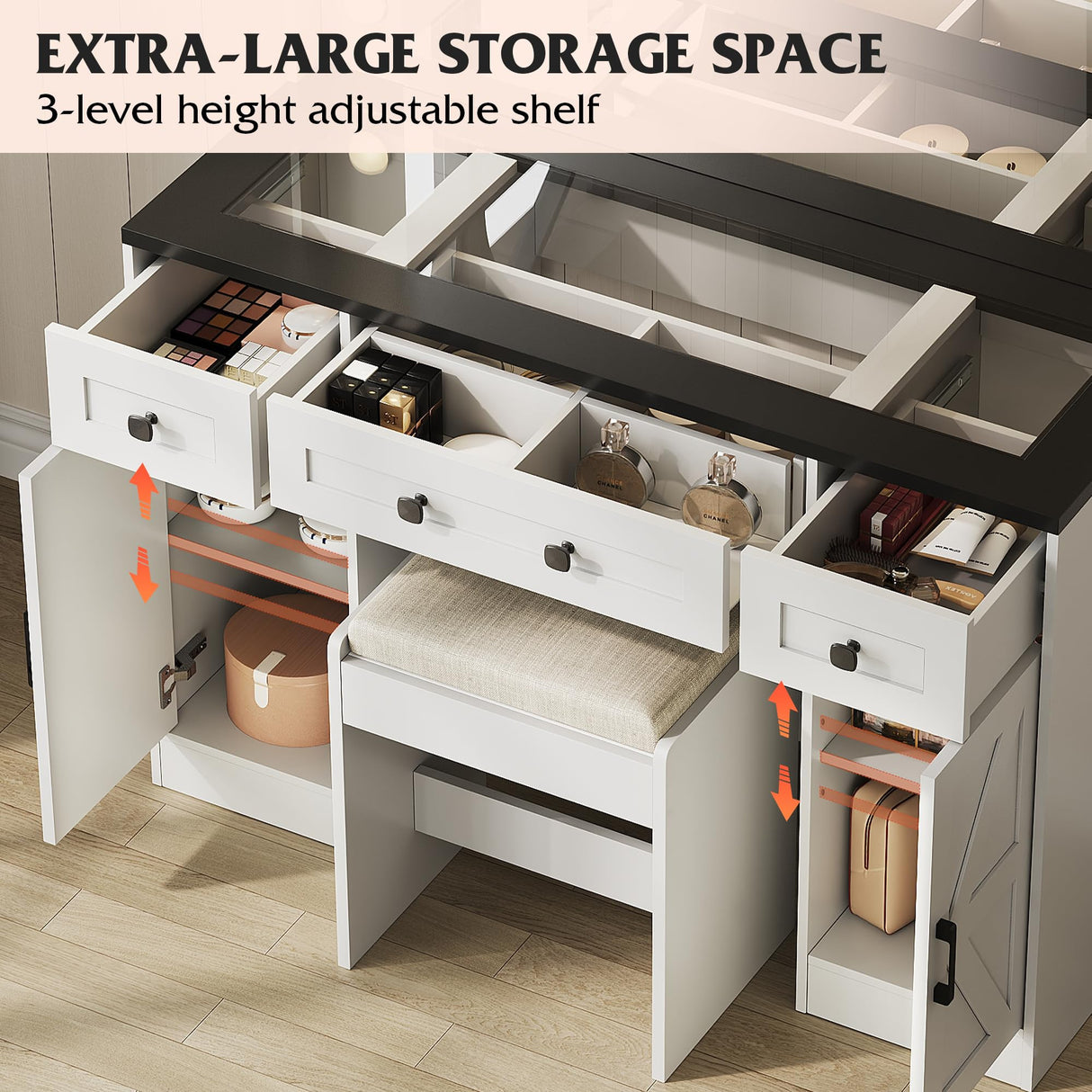 WLIVE 43‘’ Farmhouse Makeup Vanity Desk with Large Mirror and Lights, Glass Top Vanity Table with 3 Drawers and 2 Cabinets, Dressing Table w/ 3 Color Modes for Bedroom, Vanity with Lights (White) WLIVE