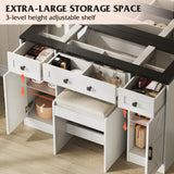 WLIVE 43‘’ Farmhouse Makeup Vanity Desk with Large Mirror and Lights, Glass Top Vanity Table with 3 Drawers and 2 Cabinets, Dressing Table w/ 3 Color Modes for Bedroom, Vanity with Lights (White) WLIVE