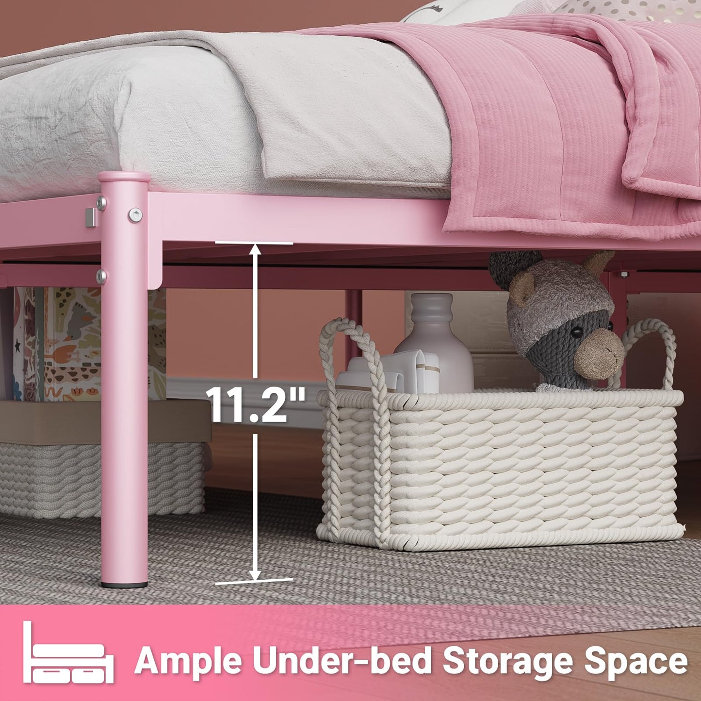 Weehom Full Size Bed Frame with Headboard, Metal Platform Bed for Kids Adults Easy Assembly Under Bed Storage Space Heavy Duty Steel Slat Support No Box Spring Needed, Pink