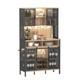 QNICE 72" Coffee & Wine Bar Cabinet with Sliding Barn Door, Farmhouse Buffet Cabinet with Wine Rack & Glass Holder, Led Storage Cabinet for Kitchen Living Dining Room (Rustic Oak) QNICE