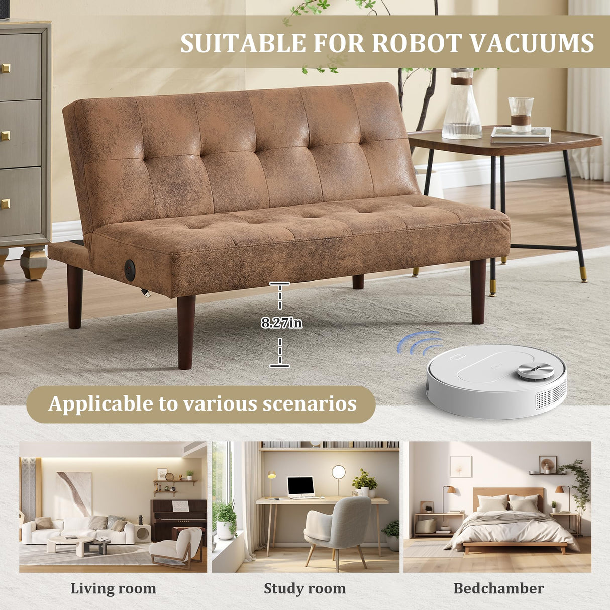 Convertible Futon Sofa Bed, Faux Leather Futon Couch with Adjustable Backrest and Usb Port, Modern Folding Couch For Small Spaces Living Room Sleeper Bed for Living Room,Bedroom,Office (Coffee) Klwenas Maec