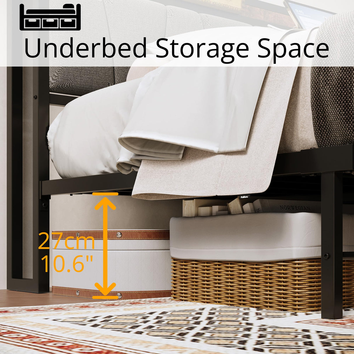 LIKIMIO Vintage Brown and Grey Full Bed Frame with Storage Headboard and Charging Station LIKIMIO