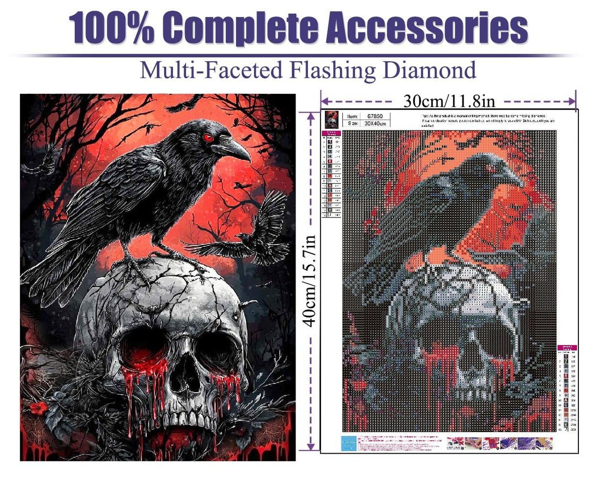 Helloween Crow Diamond Painting Kits for Adults, 5D Skull with Blood Horror Diamond Art Kits for Beginners, DIY Full Drill Diamond Kits Gem Arts Crafts for Home Wall Decor 12 x 16 Inch Mrnsiet