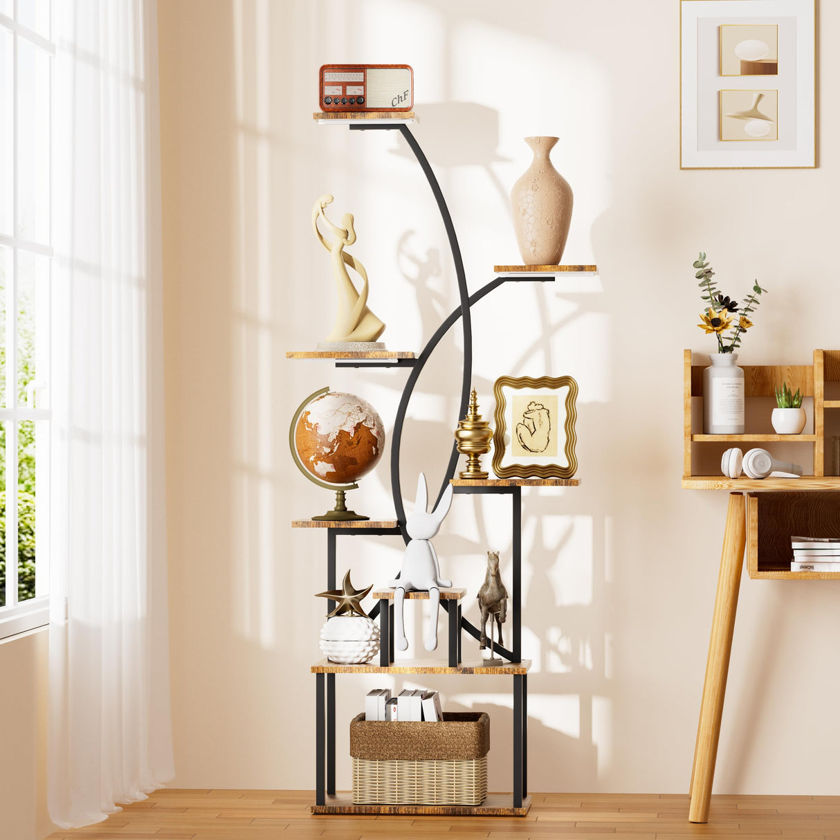 Tall Corner Shelf Stand with LED Lights, 8 Tier Bookshelf for Living Room, 65" Black Display Shelf Storage Cabinet Metal Plant Stand, Standing Rack Shelves Cases for Home Decor, Bedroom, Office JUSTOGO