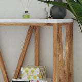 EMMA + OLIVER Owen Sofa Table - Modern Farmhouse Design - Engineered Wood Construction in Warm Oak - Faux Marble Top - Protective Floor Glides EMMA + OLIVER