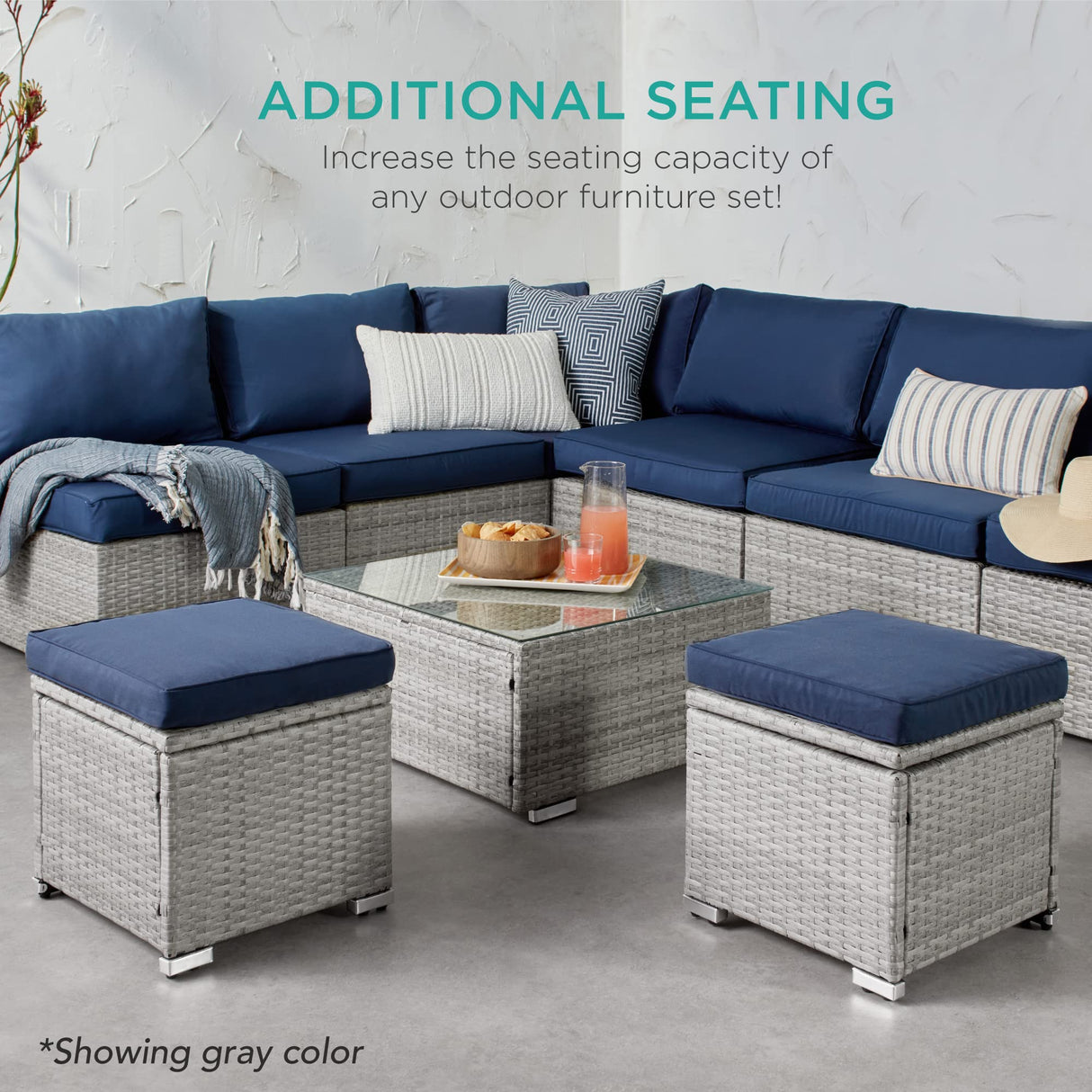 Best Choice Products Set of 2 Wicker Ottomans, Multipurpose Outdoor Furniture for Patio, Backyard, Additional Seating, Footrest, Side Table w/Storage, Removable Cushions - Cement Gray/Taupe Best Choice Products