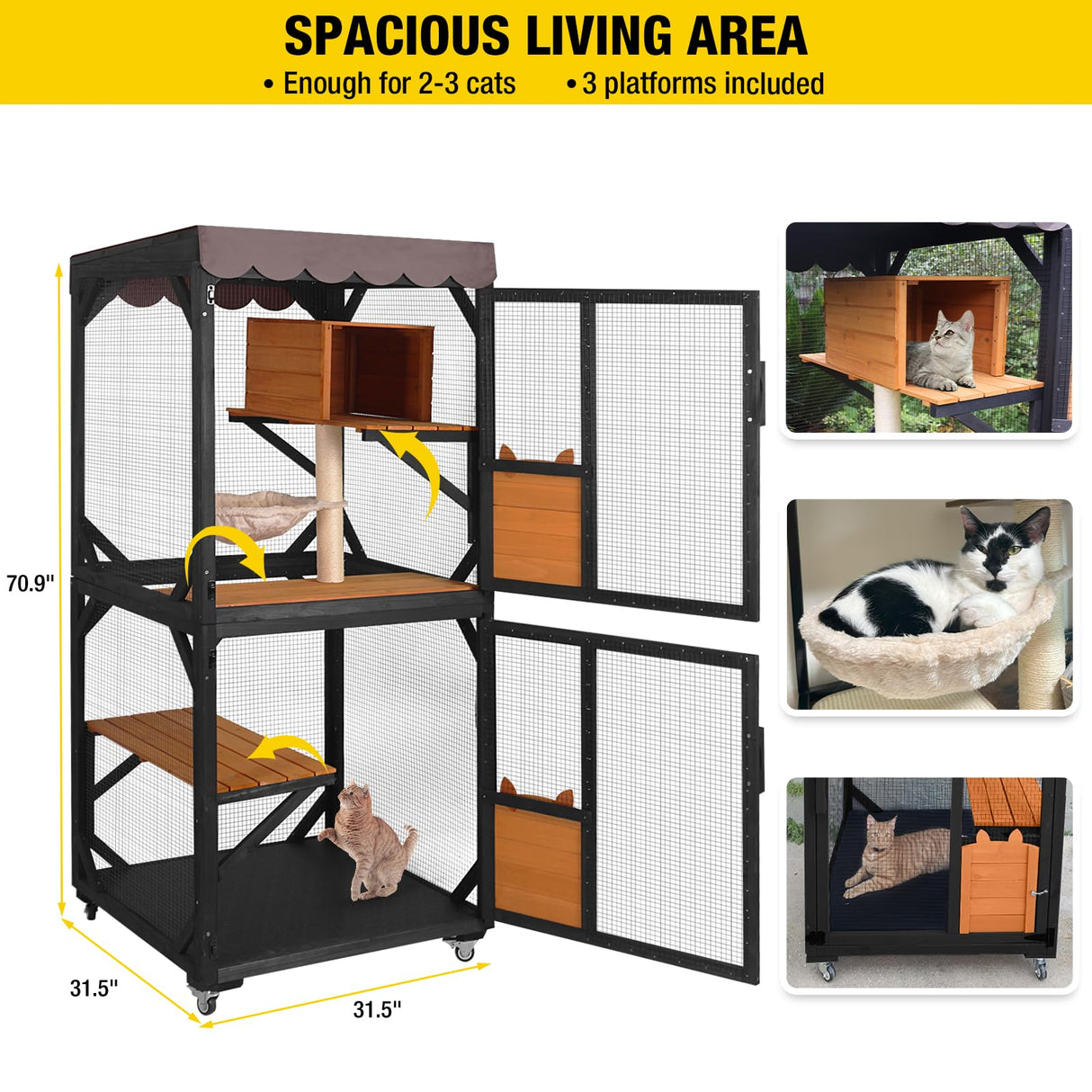 Aivituvin Outdoor Catio Cat Enclosures on Wheels Cat House 70.9" Large Kitty House with Upgraded Resting Box,Waterproof Roof Cover,Brown Aivituvin