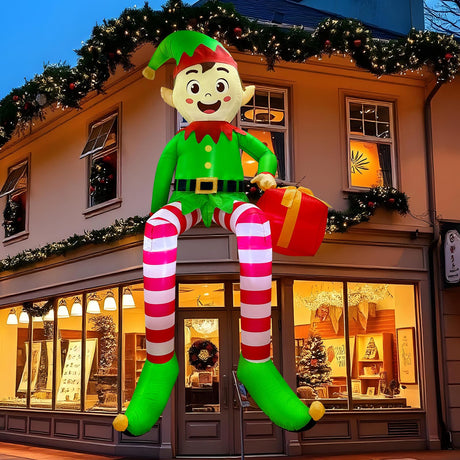 CYAOOI 8 FT Christmas Inflatable Outdoor Decorations, Sitting Elf Holding Gift Bag Blow Up Christmas Decorations with Built-in LED Lights for Holiday Party Lawn Garden Yard Outdoor Xmas Decorations CYAOOI