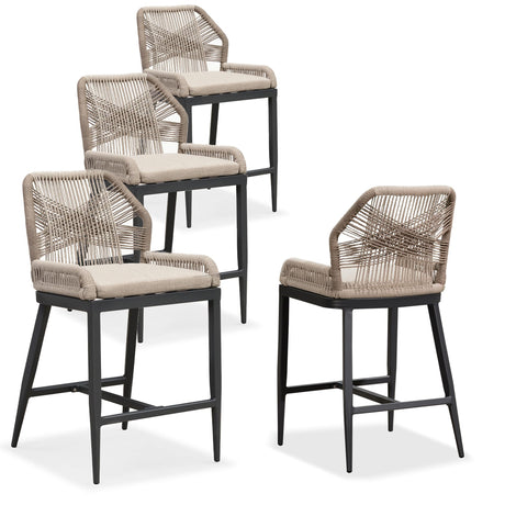PURPLE LEAF Counter Height Bar Stools Set of 4 Rattan Wicker Outdoor Metal Boho Barstools with Back and Footrest Patio Garden Balcony Pool Bar Chairs PURPLE LEAF