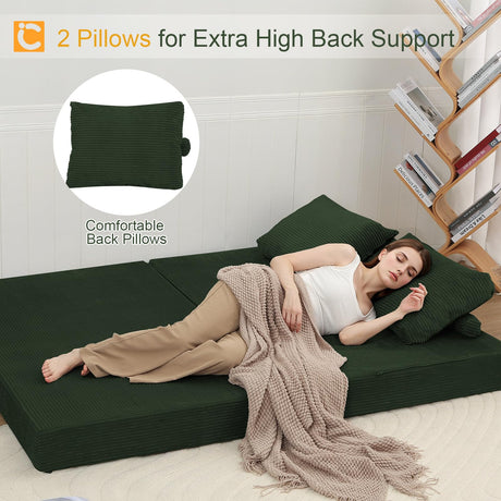 COMAX Convertible Sofa Bed, Folding Floor Couch Corduroy Fold Out Couch Bed Futon Sleeper Mattress with Pillows, Boneless Sofa Comfy Lounge Loveseat for Living Room Bedroom, Green COMAX