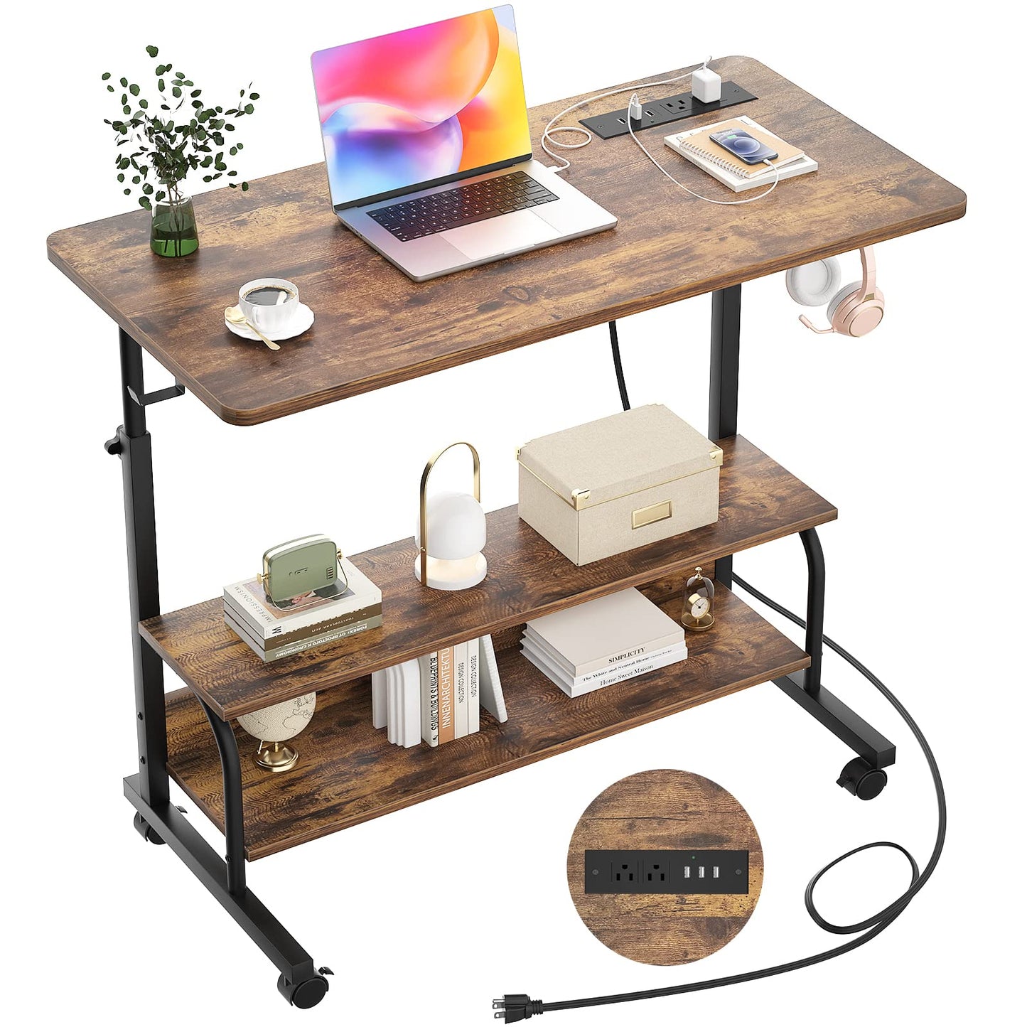 Height Adjustable Standing Desk with Power Outlets, 32" Manual Stand Up Desk with Storage Shelves Small Mobile Rolling Computer Desk Portable Laptop Table with Wheels for Home Office, Rustic - WoodArtSupply