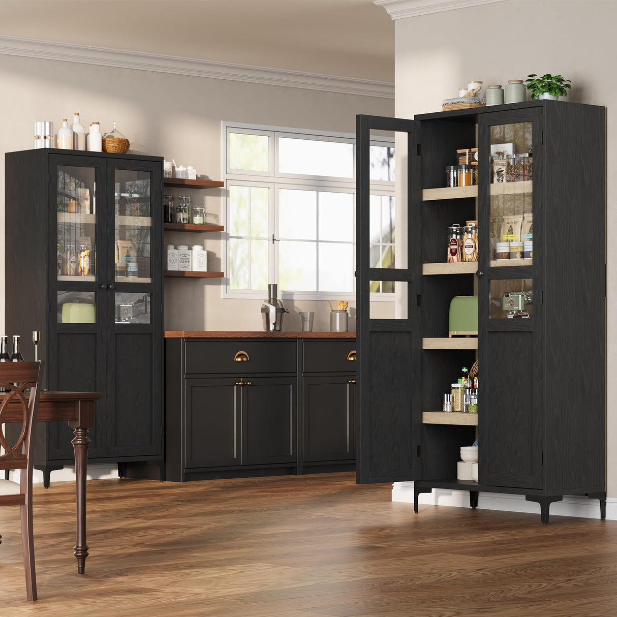 Garveehome Tall Storage Cabinet with Glass Doors, Kitchen Pantry 5 Tier Bathroom Cabinet with 2 Doors Adjustable Shelves for Kitchen, Dining Room, Bathroom (Black, 2 Door with Glass) Garveehome