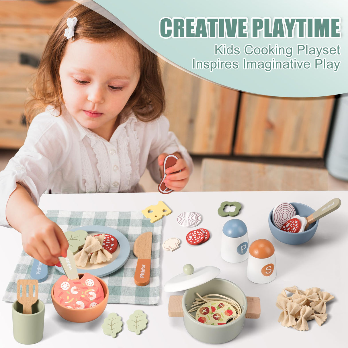 Pithfor Wooden Play Cooking Set, Pretend Play Kitchen Accessories Toys Set for Kids Toddlers, Including Play Dishes, Pot and Pan, Utensils, Gifts for 3 4 5 Years Old Girls Boys Pithfor