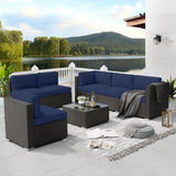 SUNCROWN 7-Piece Outdoor Patio Furniture Sofa Set All-Weather Wicker Sectional Conversation Set with Modern Glass Coffee Table and Cushions-Dark Blue SUNCROWN