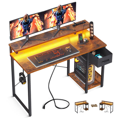AODK Gaming Desk with LED Lights & Power Outlet, 48 Inch Computer Desk with Drawer, Reversible Desk with Adjustable Monitor Shelf & Headphone Hook for Home Office, Rustic Brown AODK