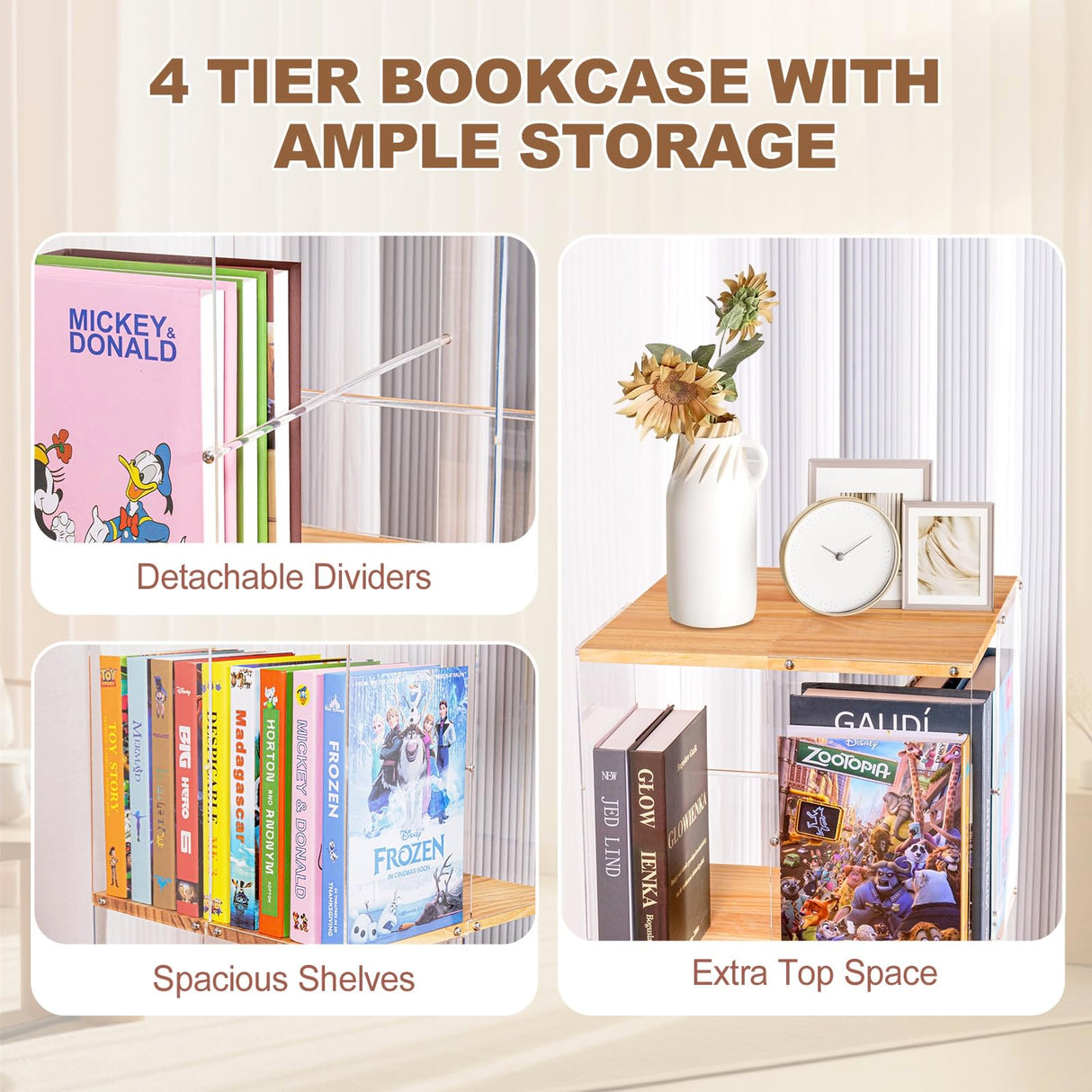 TAKEKIT 360° Rotating 4-Tier Bookshelf - Stylish Acrylic & Solid Wood Design for Kids' Playrooms, Bedrooms, and Living Rooms TAKEKIT