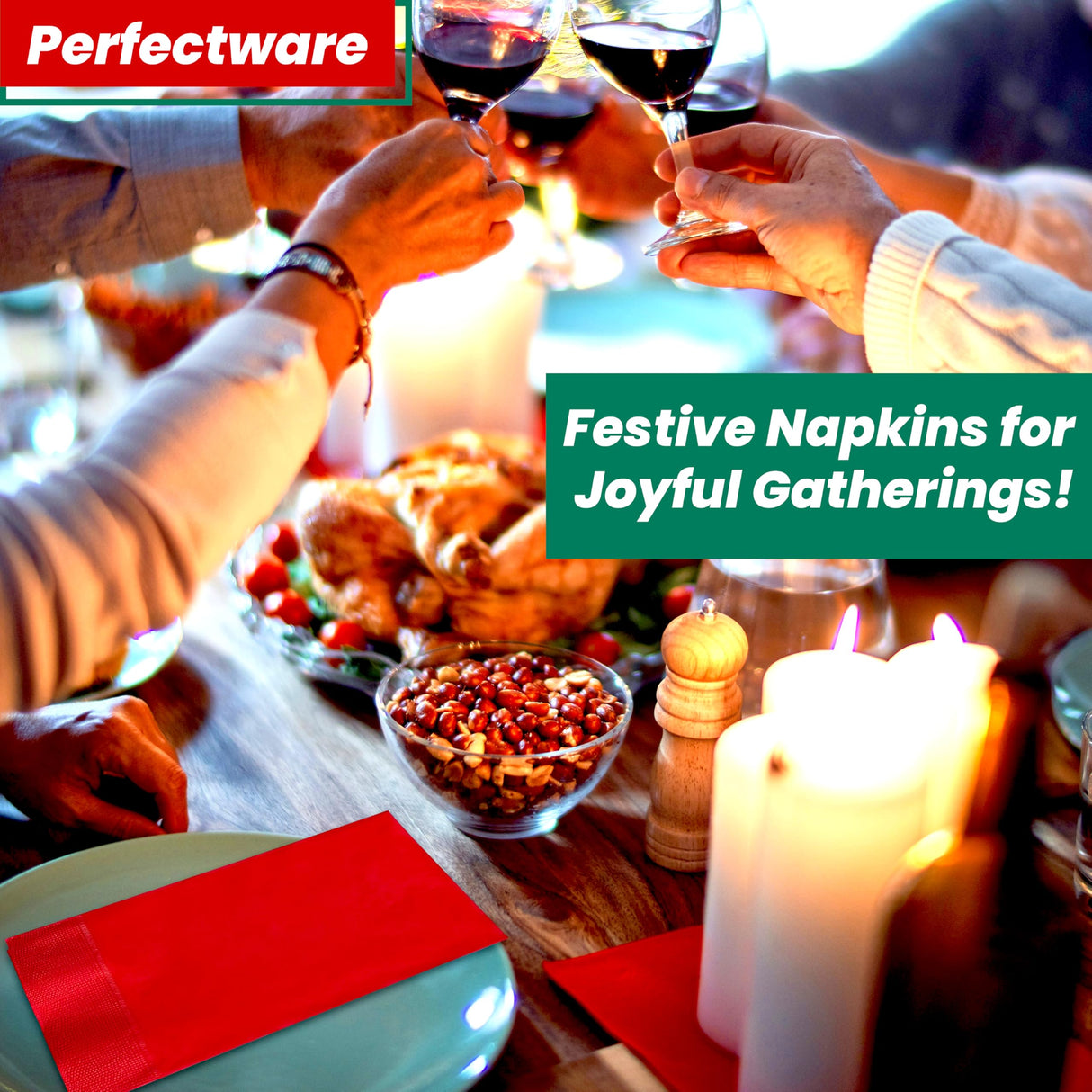 Perfectware 2PLY Christmas Paper Dinner Napkins. Pack of 100CT in Green and Red. 15 x 17 Paper Dinner Napkin Set Perfectware
