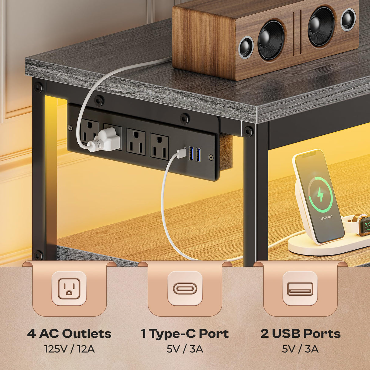 Huuger LED TV Stand for Bedroom, 55 Inch Fabric Dresser with Power Outlets, Entertainment Center for 60, 55, 50 Inch TV, 6 Drawer Dresser for Bedroom, Chest of Drawers with Shlef, PU Leather, Grey Huuger