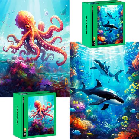 mjyphdm 2 Pack 1000 Piece Puzzle, Jigsaw Puzzles 1000 Pieces for Adults, 1000 Piece Puzzle for Adults, Killer Whales Puzzles for Adults, Octopus Jigsaw Puzzles for Adults mjyphdm