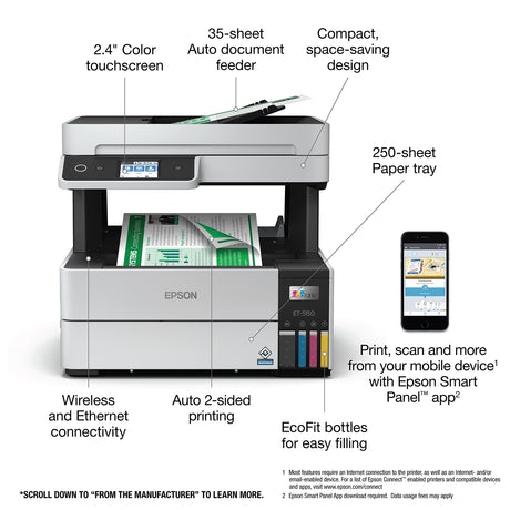 Epson EcoTank Pro ET-5150 Wireless Color All-in-One Supertank Printer with Scanner, Copier, Plus Auto Document Feeder, Large, White Epson