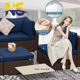 NICESOUL® Large 8 Pieces Brown Deep Seating Patio Backyard Patio Furniture with Ottomans Wicker Sectional Wicker Rattan Conversation Set with Navy Blue Olefin Cushion NICESOUL