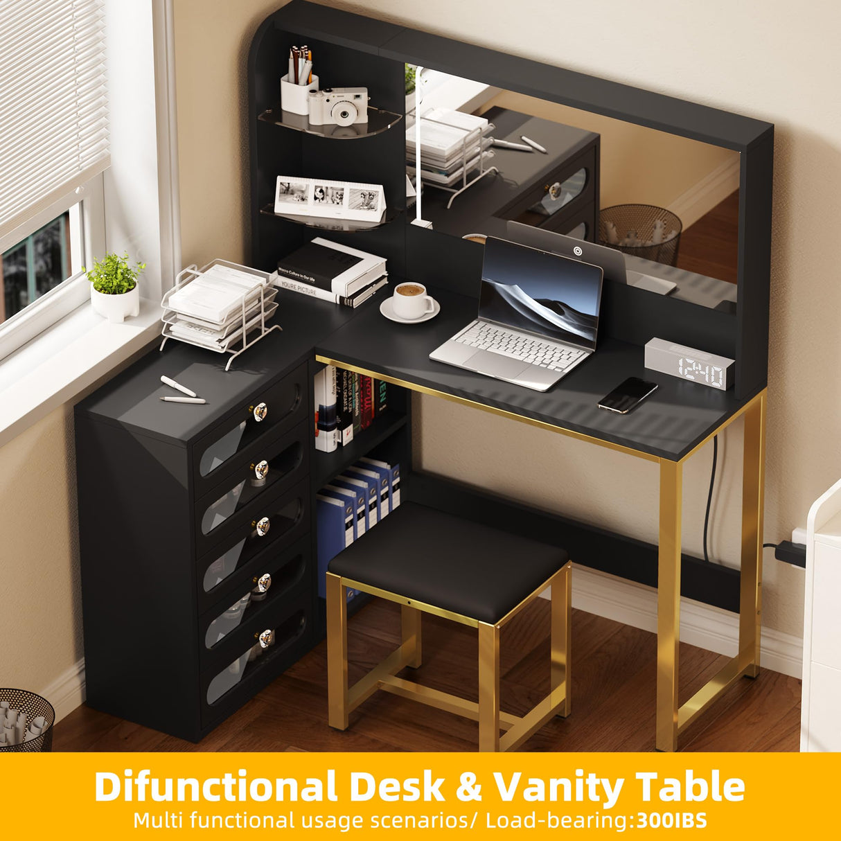 DWVO Vanity Desk with LED Lighted Mirror and 3 Lighting Modes, L-Shaped Corner Vanity, 48" Large Dressing Table with 5 Tempered Glass Drawers with Open Storage Shelves Vanity Table, Black DWVO