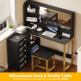 YITAHOME Vanity Desk Set- L Makeup Vanity with Mirror and Lights 3 Lighting Modes, 48" Large Dressing Table with 5 Tempered Glass Drawers with Open Storage Shelves Vanity Table, Black Upgraded YITAHOME