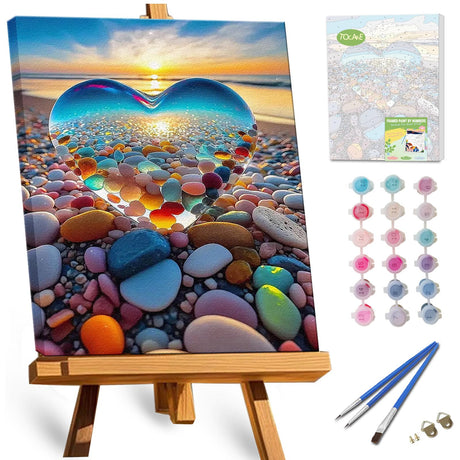 TOCARE Framed Paint by Numbers Kit for Adults, 12x16Inch Crystal Heart Beach Paint by Numbers Kit for Adults Framed,Beach Paint by Number Framed Canvas Nature (Without Easel) TOCARE