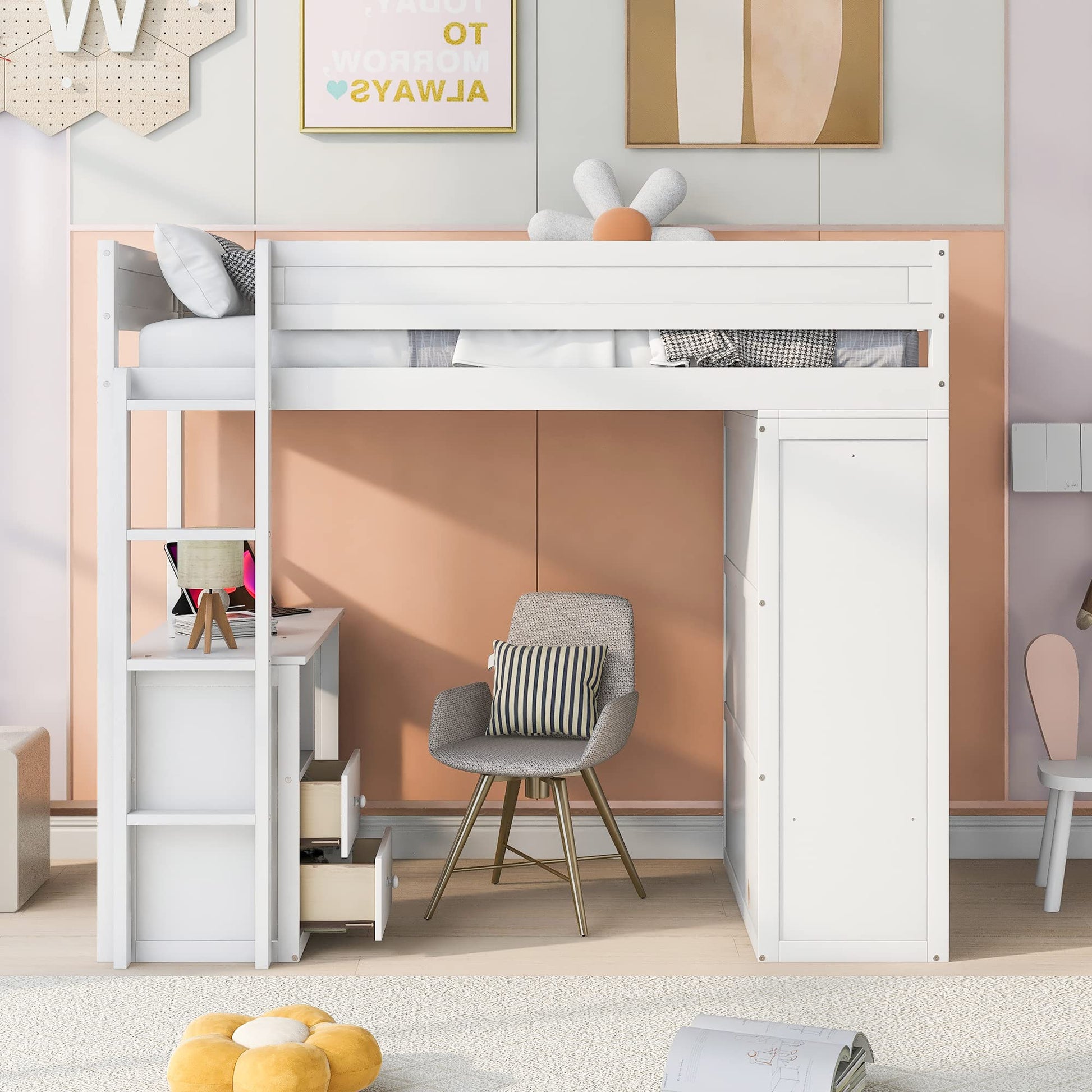 Stylish Twin Size Loft Bed with Desk & Wardrobe by Harper & Bright Designs in White - WoodArtSupply