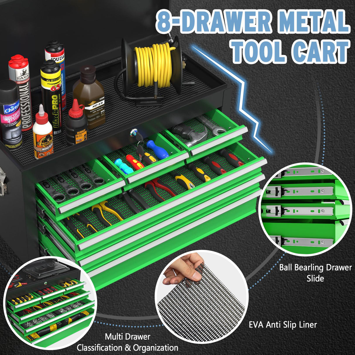Granper 8 Drawer High Capacity Rolling Tool Chest, Metal Tool Box with Wheels and Drawers, Detachable Toolbox with Lock, Heavy Duty Tool Cabinet for Workshop, Warehouse and Garage (Black Green) Granper