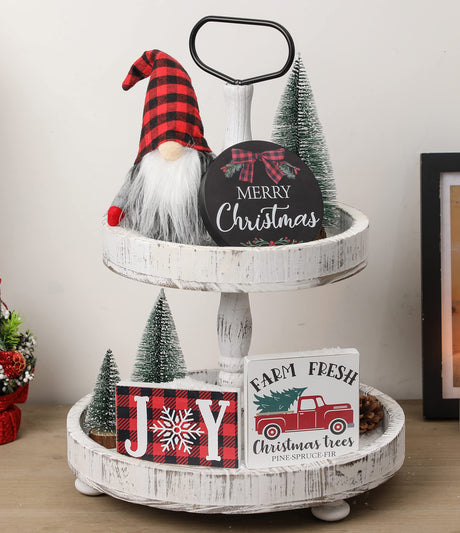 Christmas Tiered Tray Décor Set of 7, Merry Christmas Farm Fresh Truck, Joy Wood Sign Buffalo Plaid Gnome Plush and Trees, Farmhouse Table Home Party Shelf Fireplace Mantel Decor NEWLIGHTURE