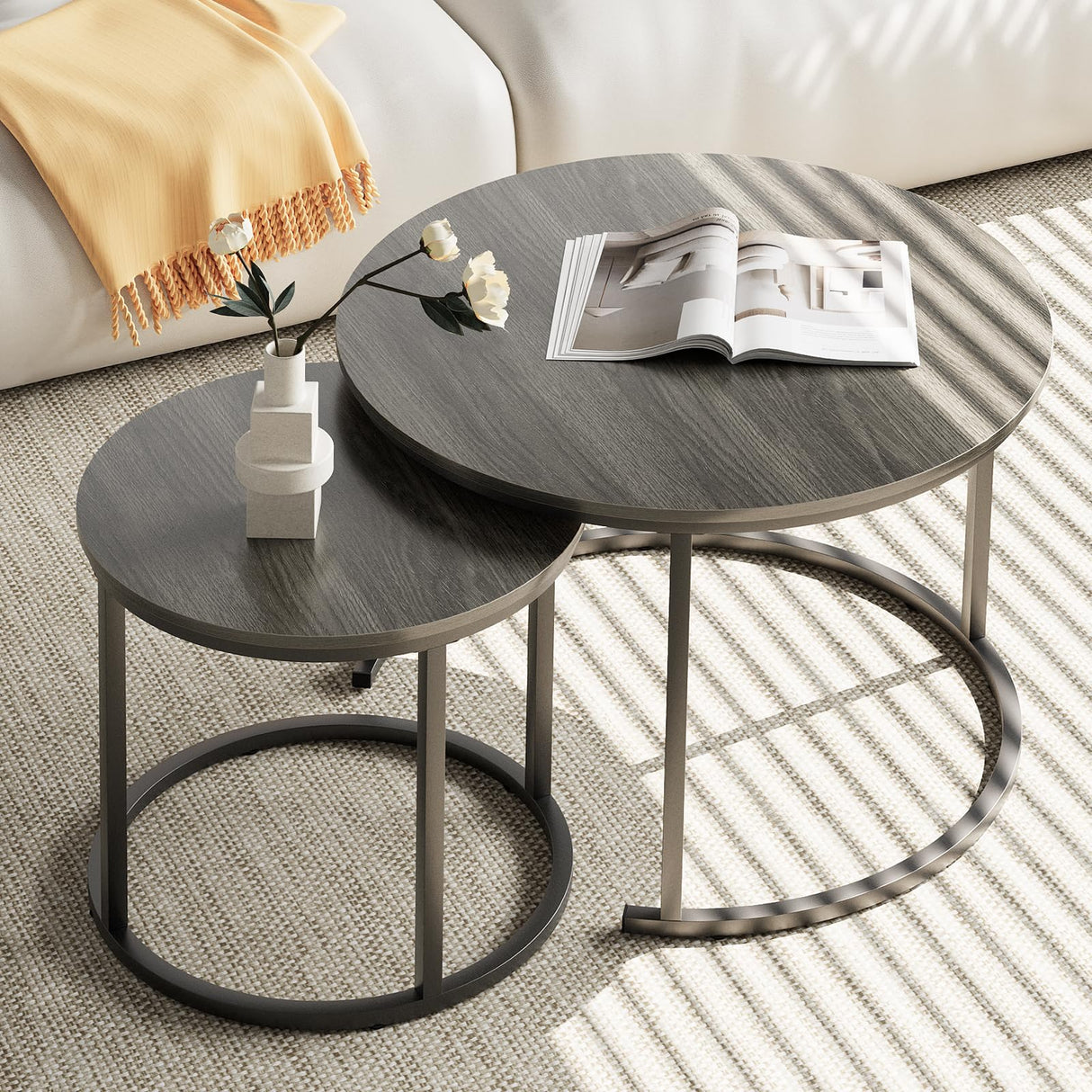 VILAWLENCE Nesting Coffee Table Set of 2, Modern Round Side Table End Tables for Living Room Bedroom Balcony,Grey Wooden Stacking Accent Coffee Tables with Metal Frame VILAWLENCE