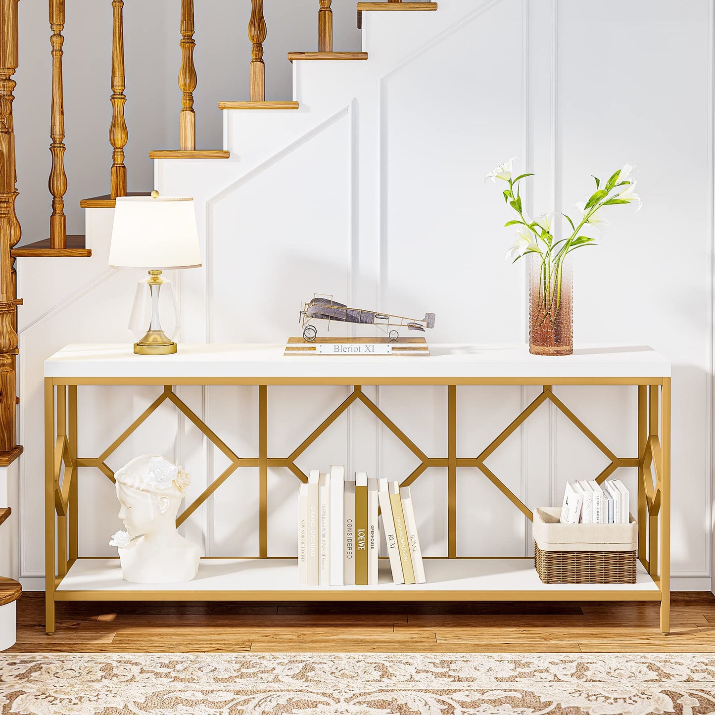 Extra-Long White and Gold Sofa Table with Open Storage Shelf by Tribesigns