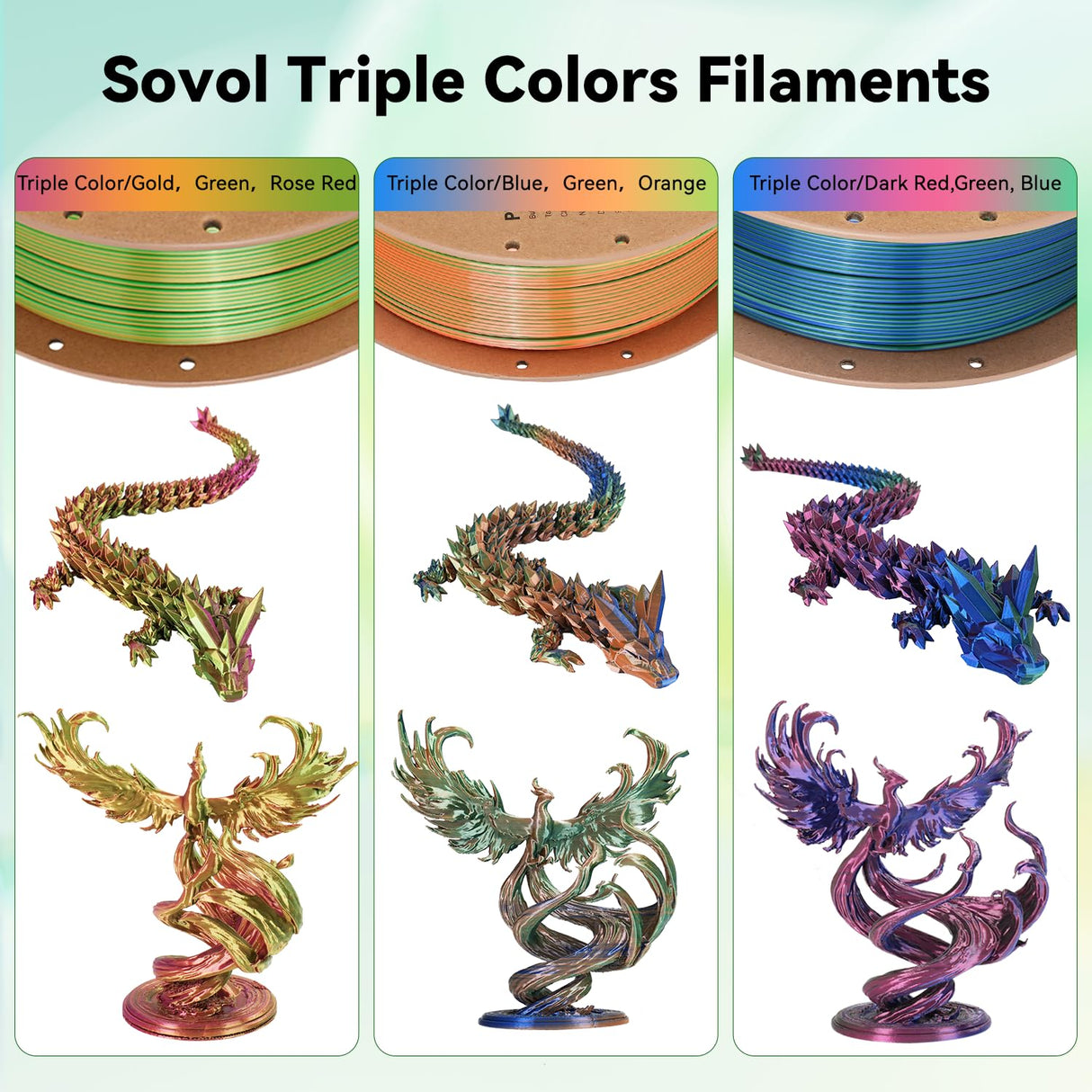 Sovol PLA Filament Silk Tri Color Co-Extrusion 1.75mm, 3D Printer Filament 1kg/ 2.2lbs, Shiny Silk Gold Green Rose Red 3 in 1 Coextrusion PLA Material +/-0.03mm Sovol