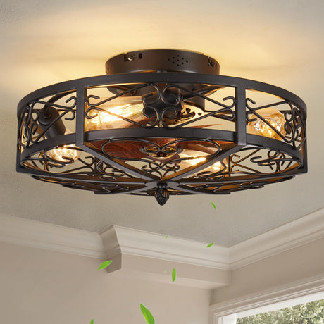 jarensen Rustic Black Caged Flush Mount Ceiling Fans with Lights and Remote Vintage Low Profile Bladeless Ceiling Fan, Reversible Motor, E26 Bulbs, 6 Speeds,for Farmhouse, Living Room, and Bedroom jarensen
