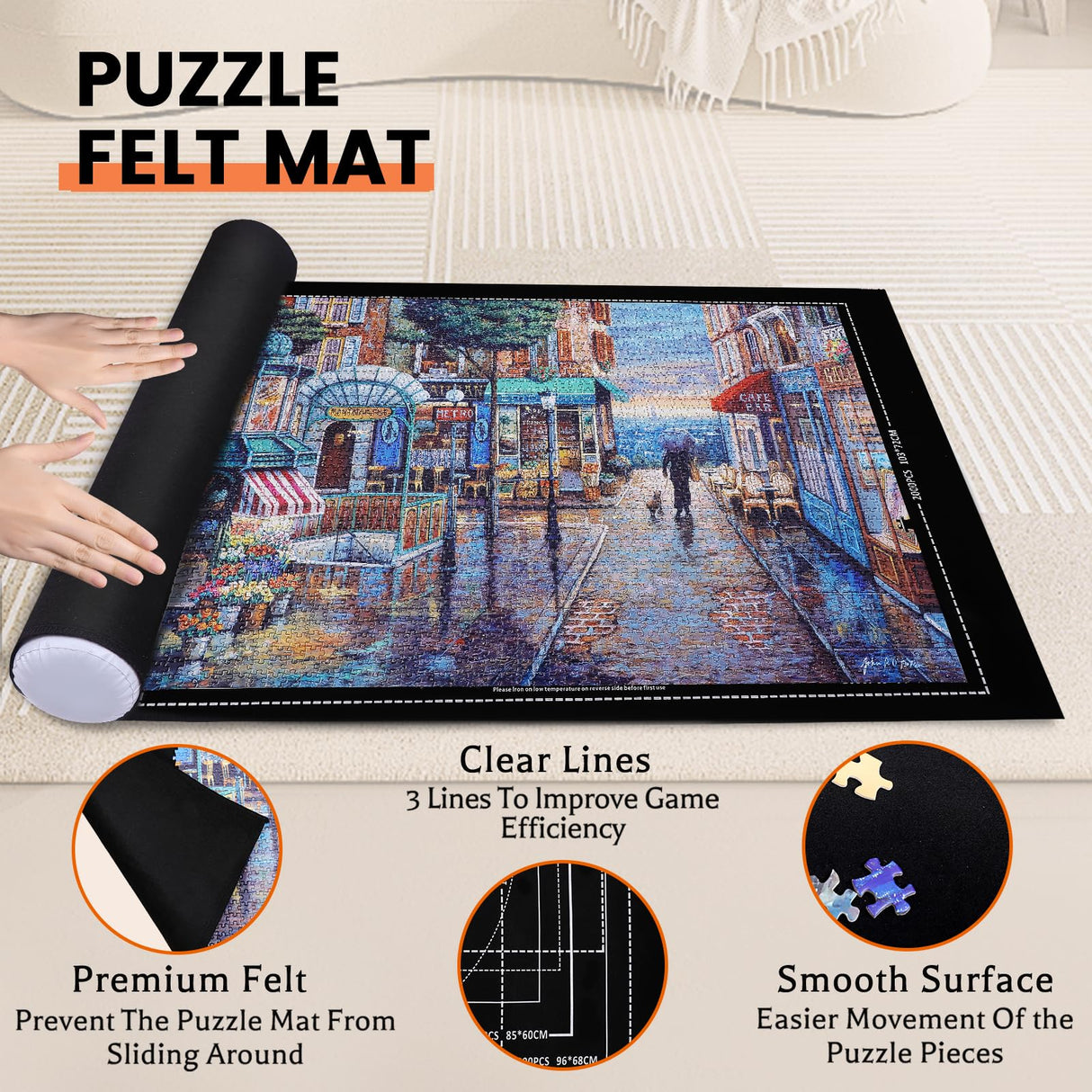 Jigsaw Puzzle Mat Roll Up - 2000 1500 1000 500 Pcs Puzzles Mats, Black Smooth Top & Non-Slip Felt Bottom Roll-Up Puzzle Matte for Sorting Table, Board, Frame, Storage+ 6 Save Trays. for Adults Lwoeo