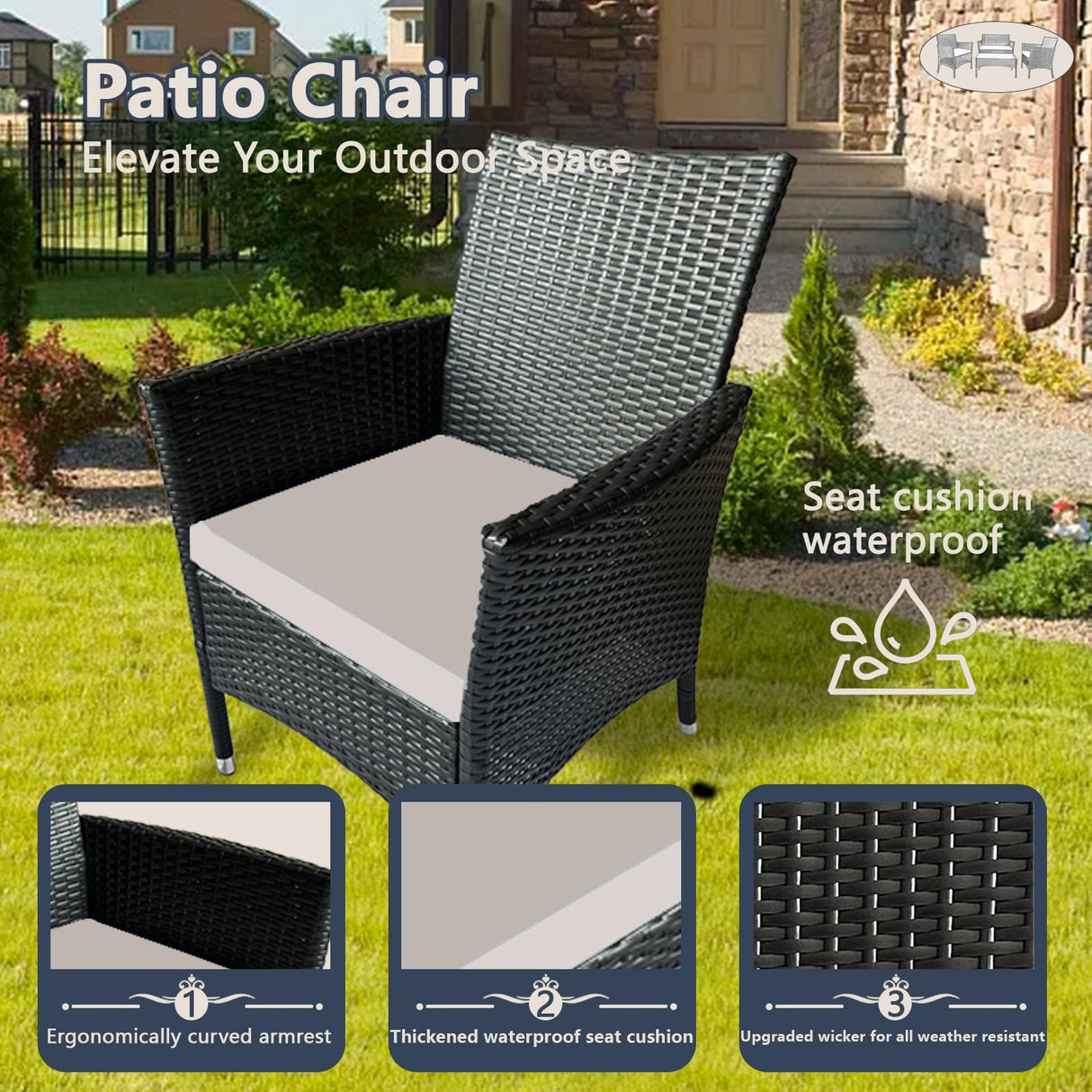 PatLoom 4-Piece Outdoor Furniture Set,Dark Brown Rattan Wicker Patio Sofa,Elegant Patio Conversation Set with Glass Top Coffee Table for Garden, Backyard, Poolside, Balcony (Beige Cushions) PatLoom