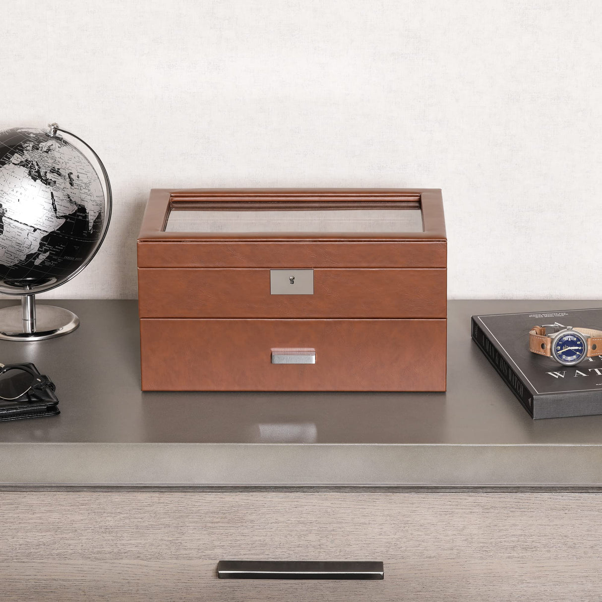 ROTHWELL 20 Slot Leather Watch box - Luxury Case Display Jewelry Organizer, Locking Display Case Holder with Large Real Glass Top - Watch Box Organizer for Men and Women (Tan/Brown) ROTHWELL