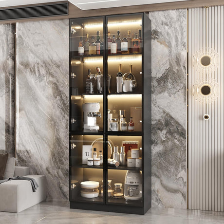 FUNISIR Curio Display Cabinet with Light, 5-Tier Storage Shelves with Pop-up Glass Doors & 3 Color LED Light, Collectibles Cabinet Display Shelf, Bookshelf Showcase for Living Room, Black Glass Door FUNISIR