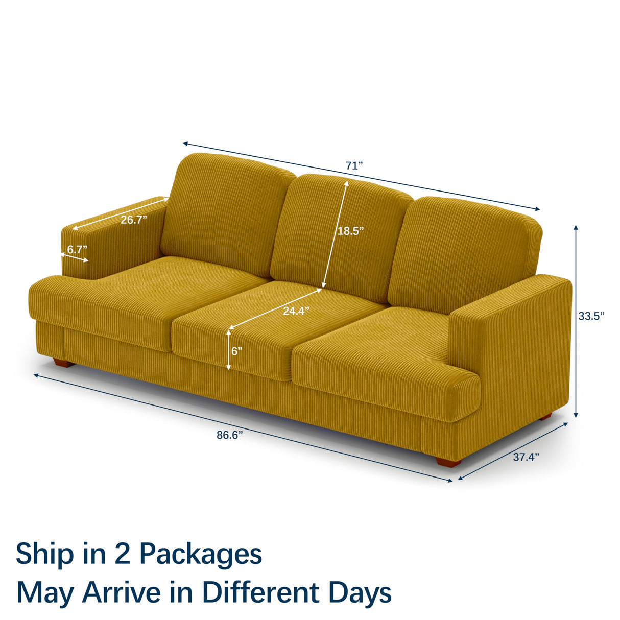 WiberWi 87 inch Couches for Living Room, Comfy 3 Seater Sofa with Deep Seat, Modern Corduroy Couch with Wide Armrests, Upholstered Backrests with Removable Cover, Mustard WiberWi