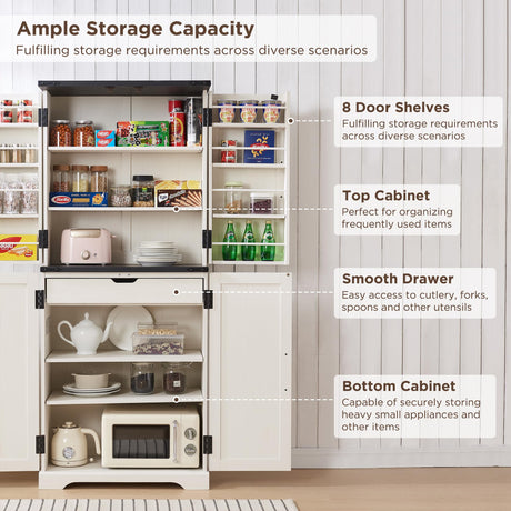 ACCOHOHO 72" Tall Kitchen Pantry, Farmhouse Storage Cabinet with Barn Doors, Organizer, Drawer and Adjustable Shelves, Rustic Wood Cupboard for Kitchen, Dining Room, Bathroom, Off White ACCOHOHO
