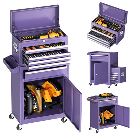 INTERGREAT Tool Chest, 5-Drawer Rolling Tool Storage Cabinet with Detachable Top Tool Box, Tool Cabinet with with Enhanced Packaging, Metal Tool Cart for Garage, Workshop, Barbershop(Purple) INTERGREAT