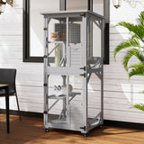 LEMBERI 71" Cat House Outdoor Catio Cat Enclosures on Wheels, Large Outside Patio Wooden Cat Cage Resting Box,Scratching Post, Waterproof Roof (Gray) LEMBERI