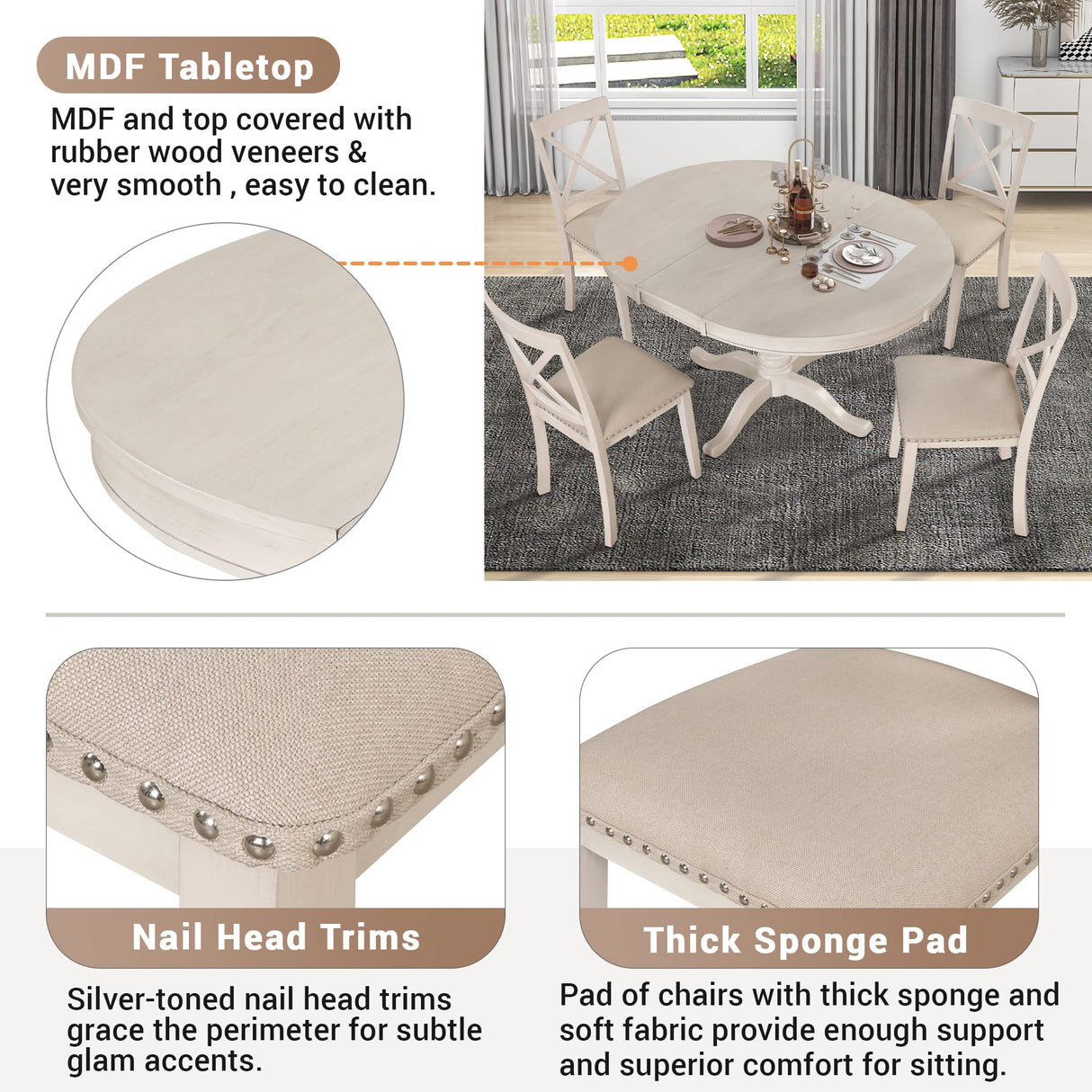 Voohek 5-Piece Kitchen Dining Set for 4, with Extendable Round Wood Table and Chair, Classic Family Furniture for Dinette, Compact Space, Antique White Voohek