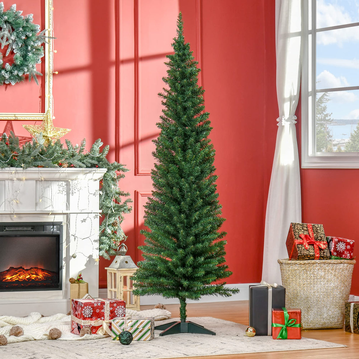 HOMCOM 6' Artificial Pencil Christmas Tree, Slim Xmas Tree with 390 Realistic Branch Tips and Plastic Stand, Green HOMCOM