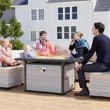 Muphyers 7-Piece Outdoor Patio Furniture Set with 55,000 BTU Fire Pit Table, PE Wicker Rattan Sectional Sofa Patio Conversation Set with Thickened Cushions & Coffee Table, Sand Muphyers